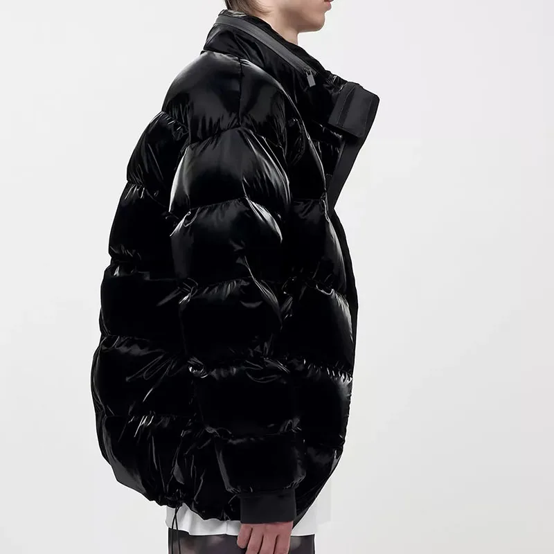 Winter mens outdoor black leather bubble down puffer jacket with hooded