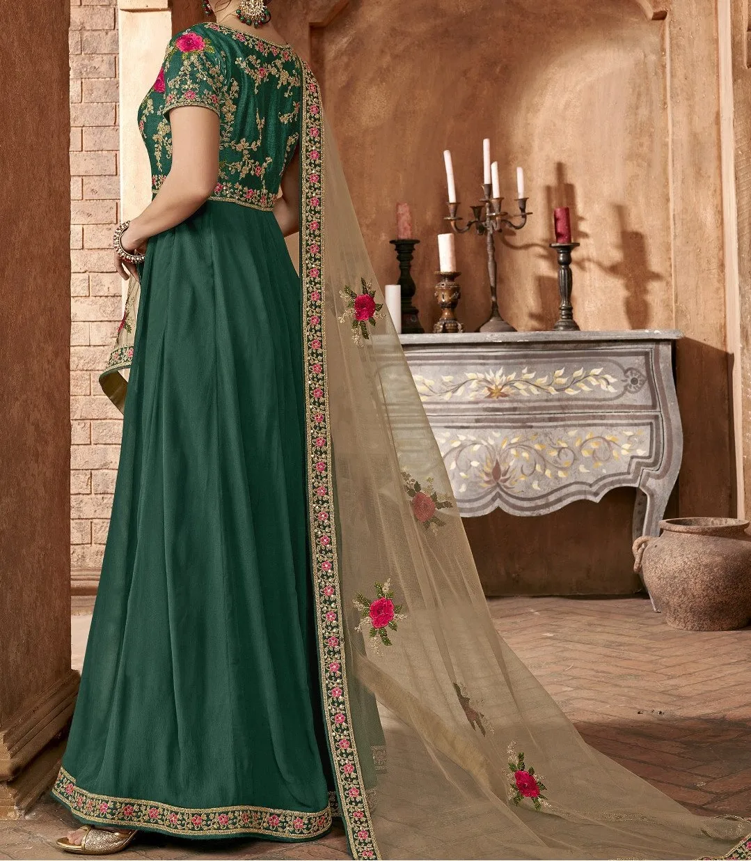 Embellished Bottle Green Georgette Semi Stitched Anarkali Suit Set Rich Material High-Quality Fabric Parties Festivals Functions