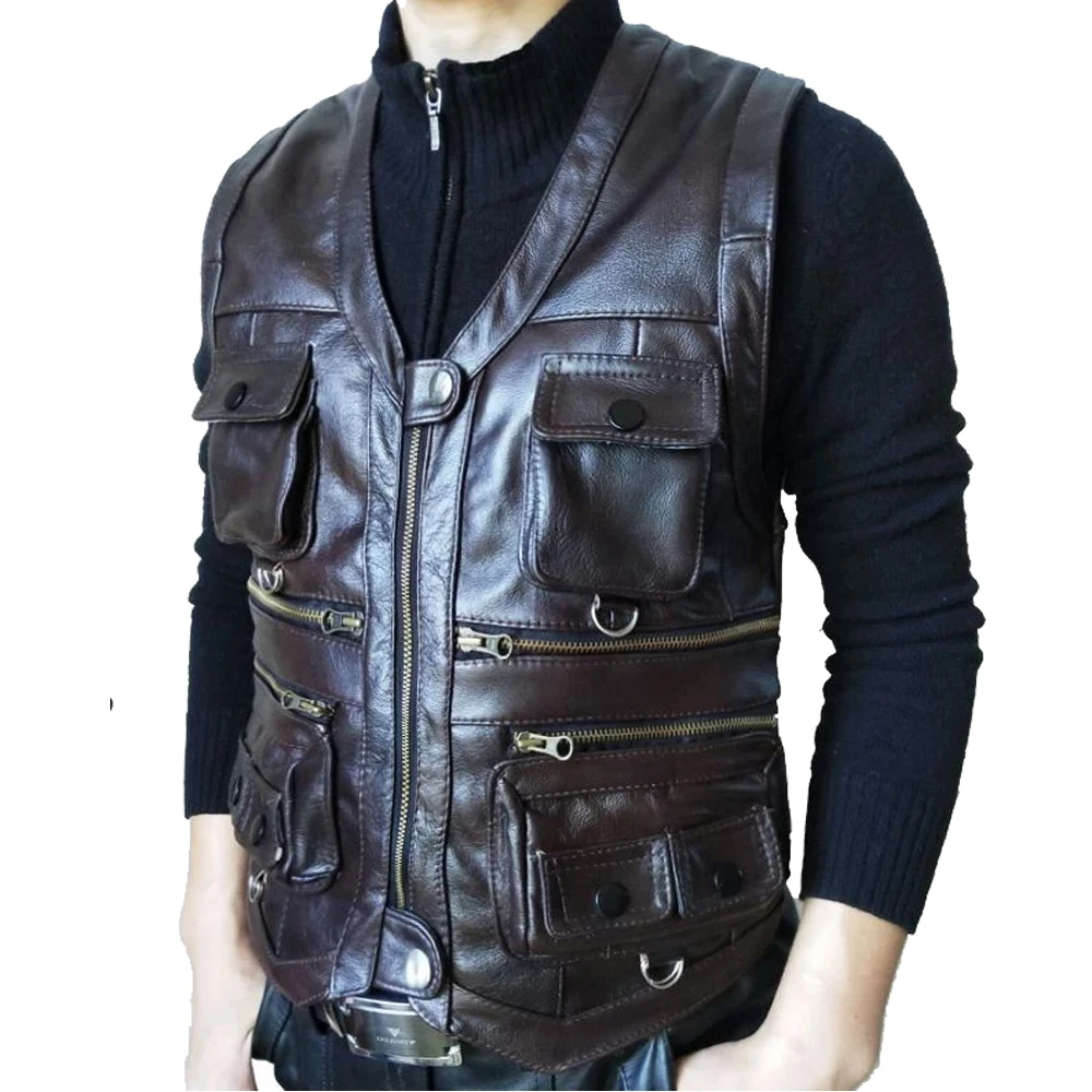 Мужской мотоциклетный жилет из натуральной овечьей кожи черно-коричневый кожаный с карманами зимняя куртка все цвета 2020
