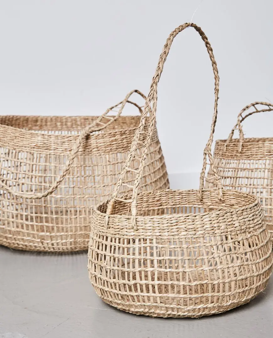 Hot Selling Durable Set of 3 Seagrass Baskets Decor Storage Basket With Long Handle Wholesale