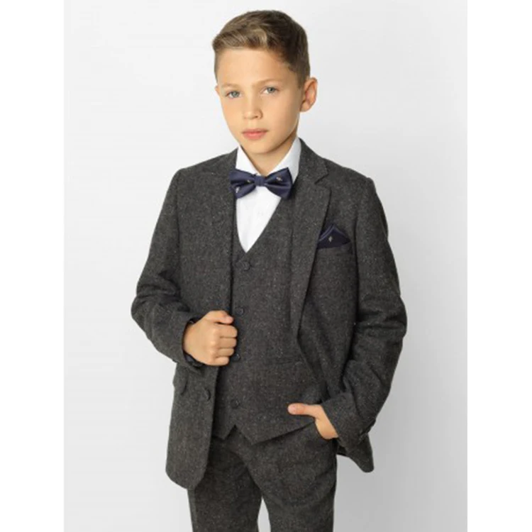 Boys tweed wedding suit 2-5 pieces Customized boys suit grey traditional heritage faux wool fabric party dress warm suit