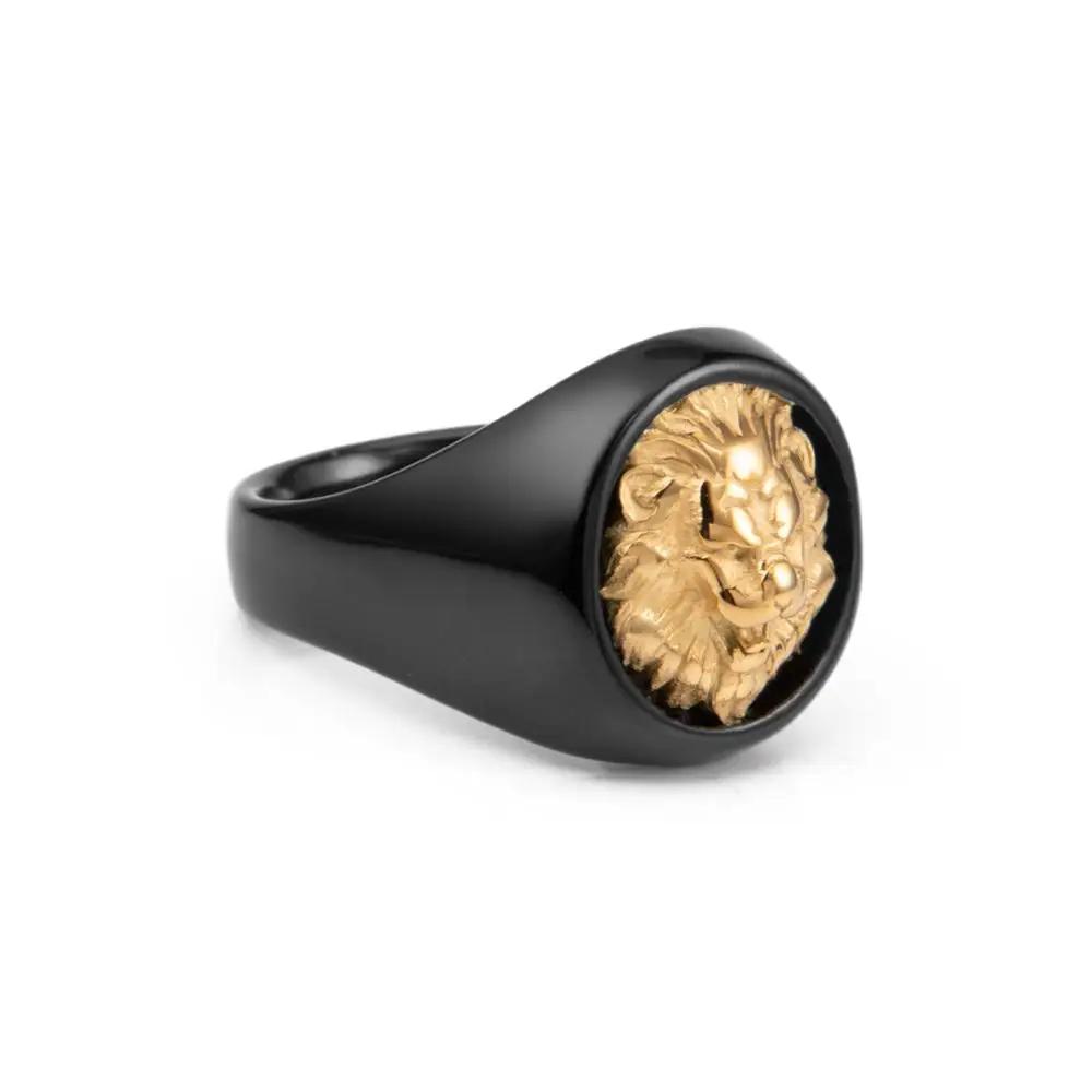 Custom Fashion Mens Jewelry Black Stainless Steel Gold Lion Head Finger Class Ring