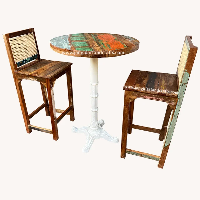 Vintage Industrial Iron Bar Table & Cane Chair Set Round Rustic Indian Solid Wood Style Restaurant Cafe Pub Table Bar Furniture