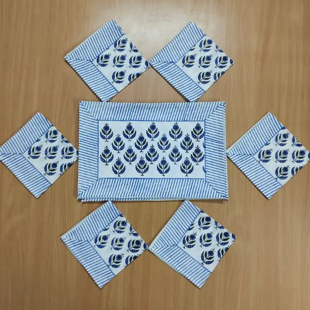 Indian 100% Cotton Natural Ethnic Design Set Of 6 Dinning Place Mats And Napkins Each Table Cover kitchen Napkin Table set Decor