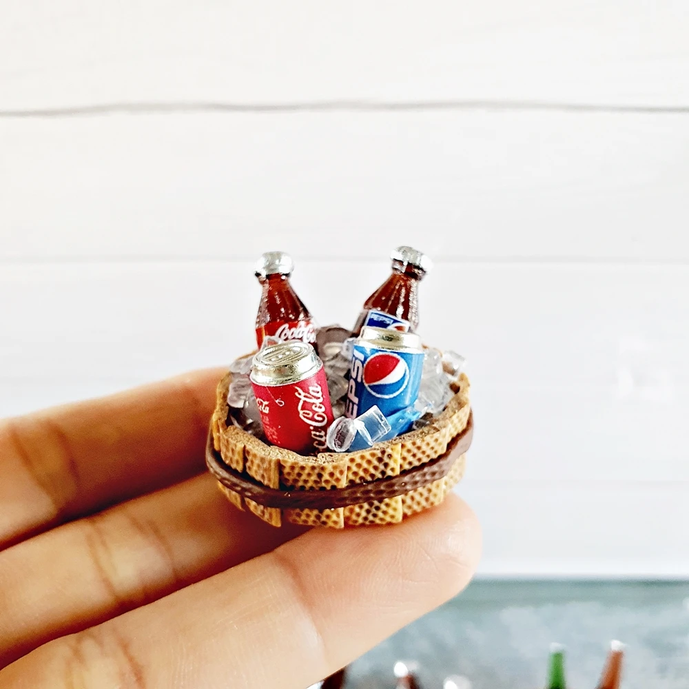 Dollhouse Miniatures Drink Beverage  Coke Pepsi Bottles Ice basket Set
