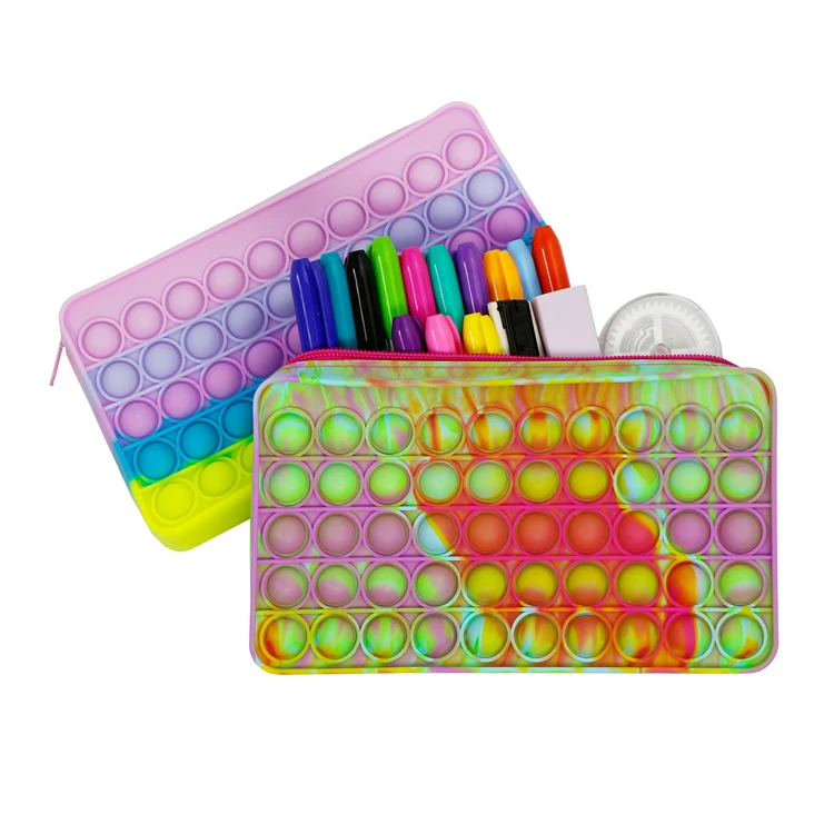 Pop Bubble silicone pencil pouch for kids children, rainbow stress relief pencil bag, pop it fidget toys pencil case