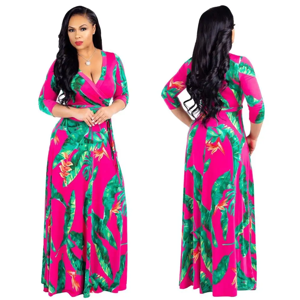 Casual Deep V-Neck long Sleeve Maxi Dress Flower Printed Women Plus Size Dresses