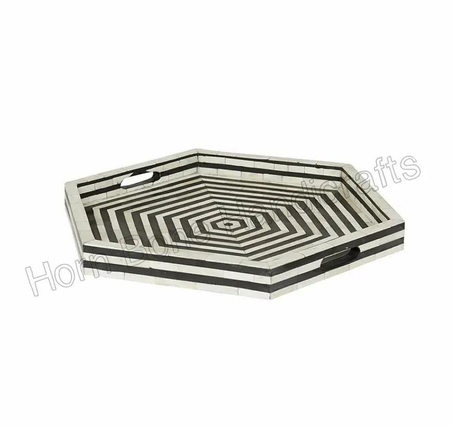 Best Quality Resin and Bone Inlay Hexagonal Serving Tray Bone Inlay Stripes Pattern Hexagon Serving Tray for Home and Tableware