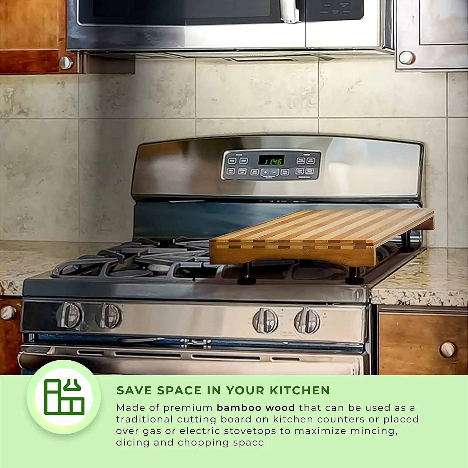 Stovetop Cover Bamboo Cutting Board, Expands Kitchen Space, with Adjustable Legs and Juice Grooves