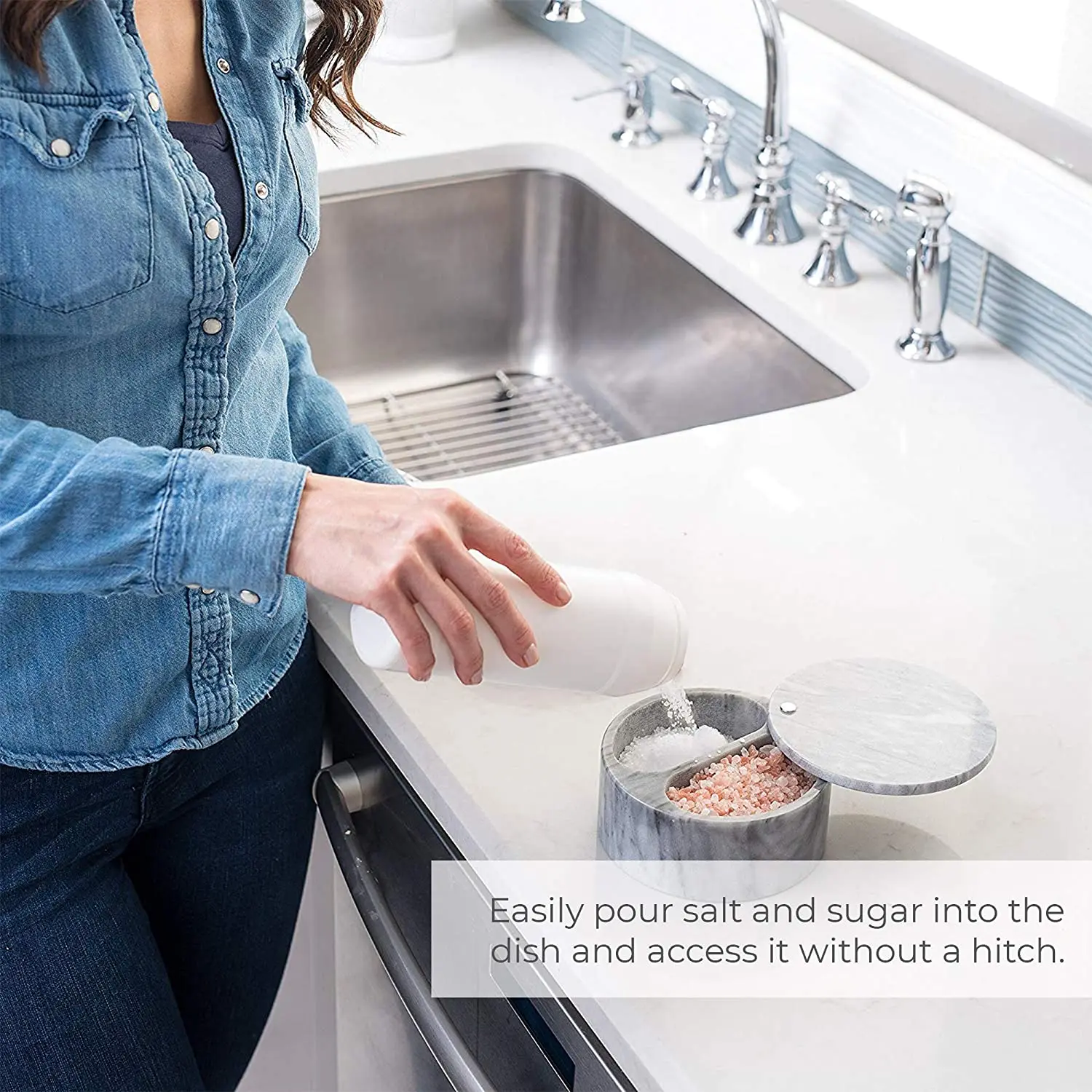 Marble Salt Box Herb & Spice Tools Spice & Pepper Shakers Dual Compartment Elegant Home Kitchen Restaurant Square All-season