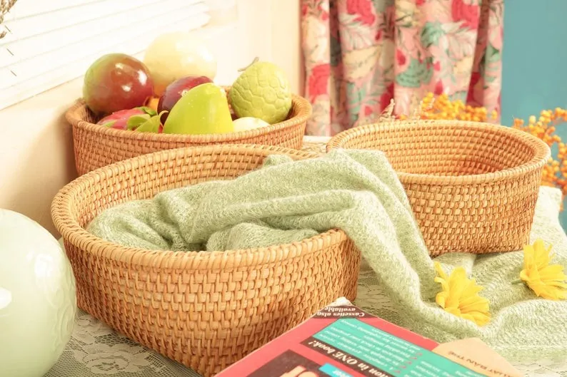 Rattan Storage Baskets for Shelves Woven Recycle Paper Rope Bin Set 3Storage Box for Makeup and Toys