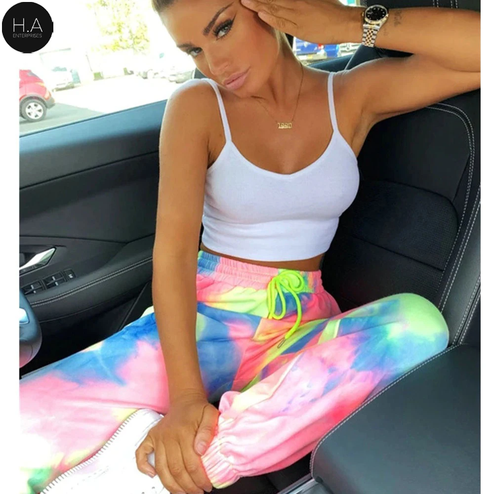 Джоггеры неоновые с завязкой длинные мешковатые штаны завышенной талией женские спортивные брюки свободные летние на шнуровке уличная одежда