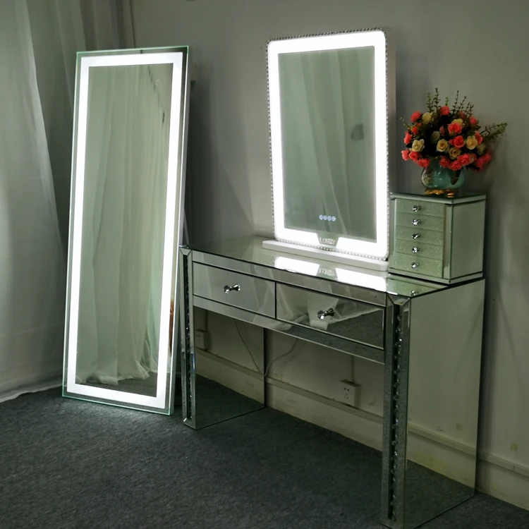 Furniture Manufacturers Glamour Sparkly Crushed diamond Mirrored Vanity Dressing Table With Stool