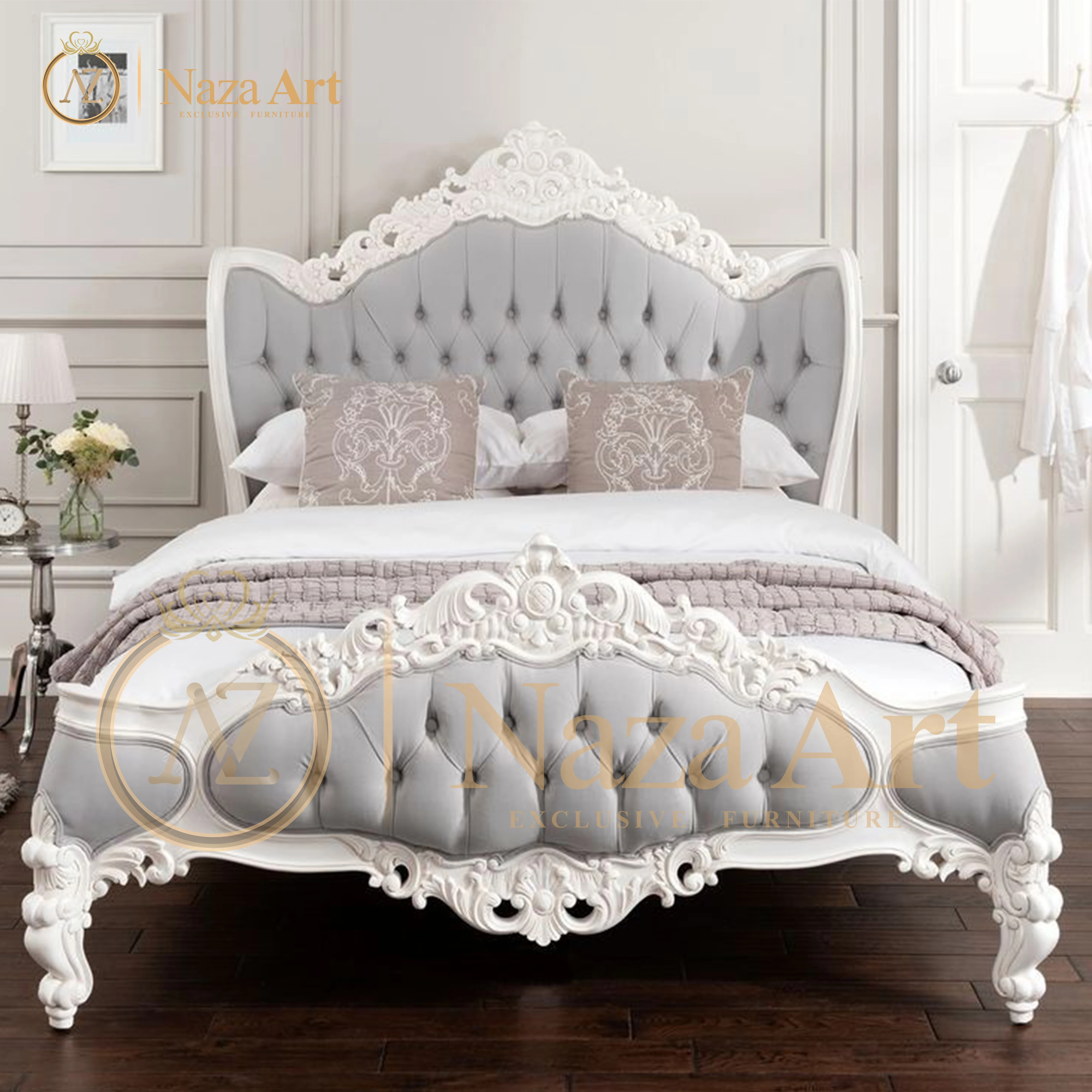 French Style Bedroom With Hand Carved Solid Wood Upholstered Bed For Bedroom Furniture