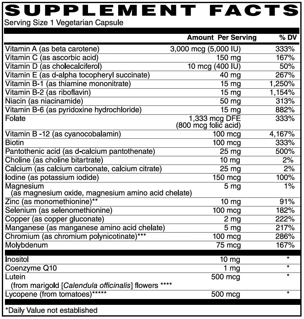 
NO IRON A comprehensive once-daily multivitamin-mineral formula featuring 120 Capsules 