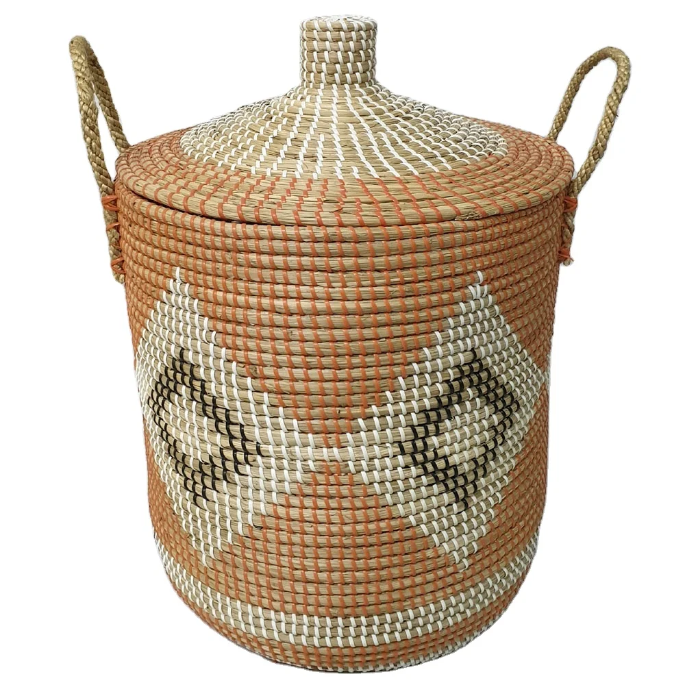 SMETA Manufacture from Vietnam woven wicker craft decoration seagrass household cleaning seagrass laundry basket with lids