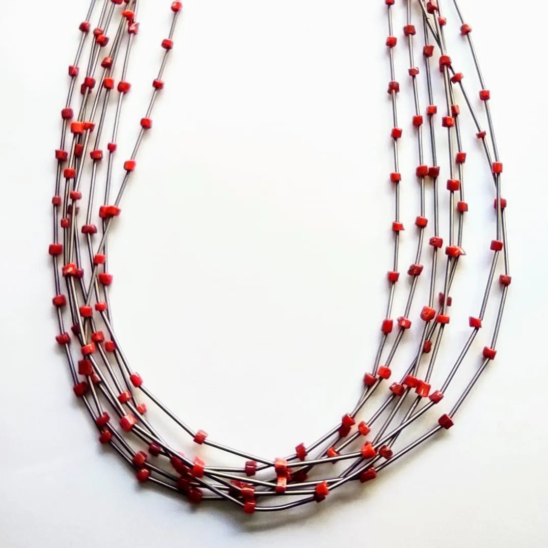 High quality fashion jewelry stainless steel and natural red coral necklace simple plain no silver gift business party wedding
