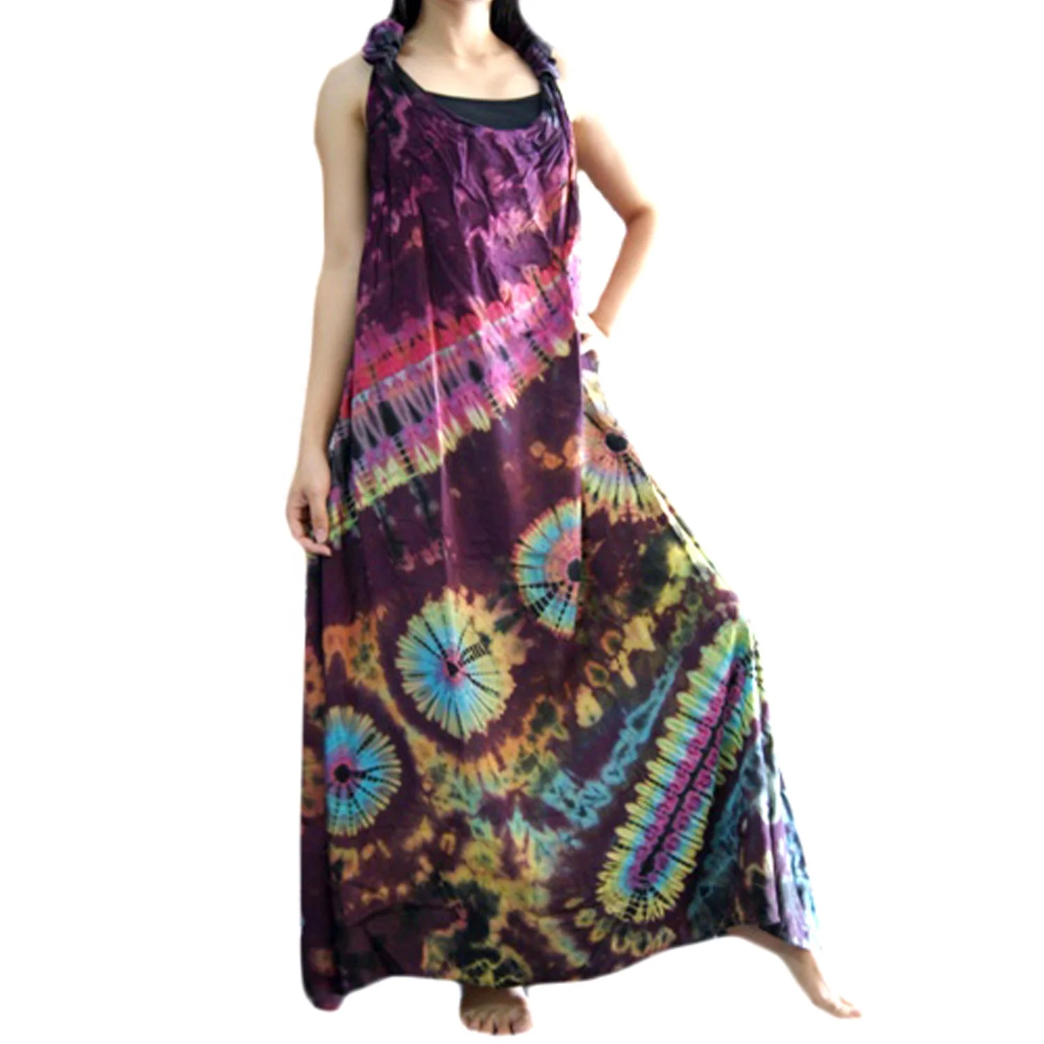 vintage retro thai style HIPPIE BOHO tie dye handmade polka dot butterfly knot kaftan tank long maxi dress