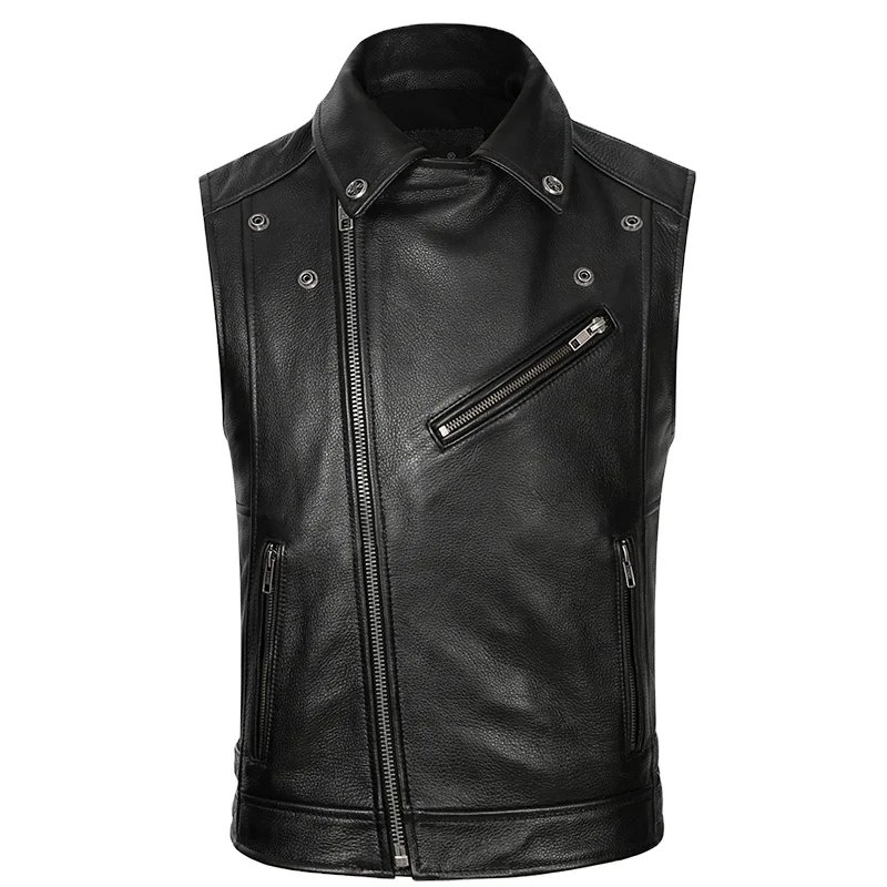 
 Жилет мотоциклетный мужской кожаный, безрукавка для езды на мотоцикле, байкерская куртка со скошенной молнией, кожаный, 2020  