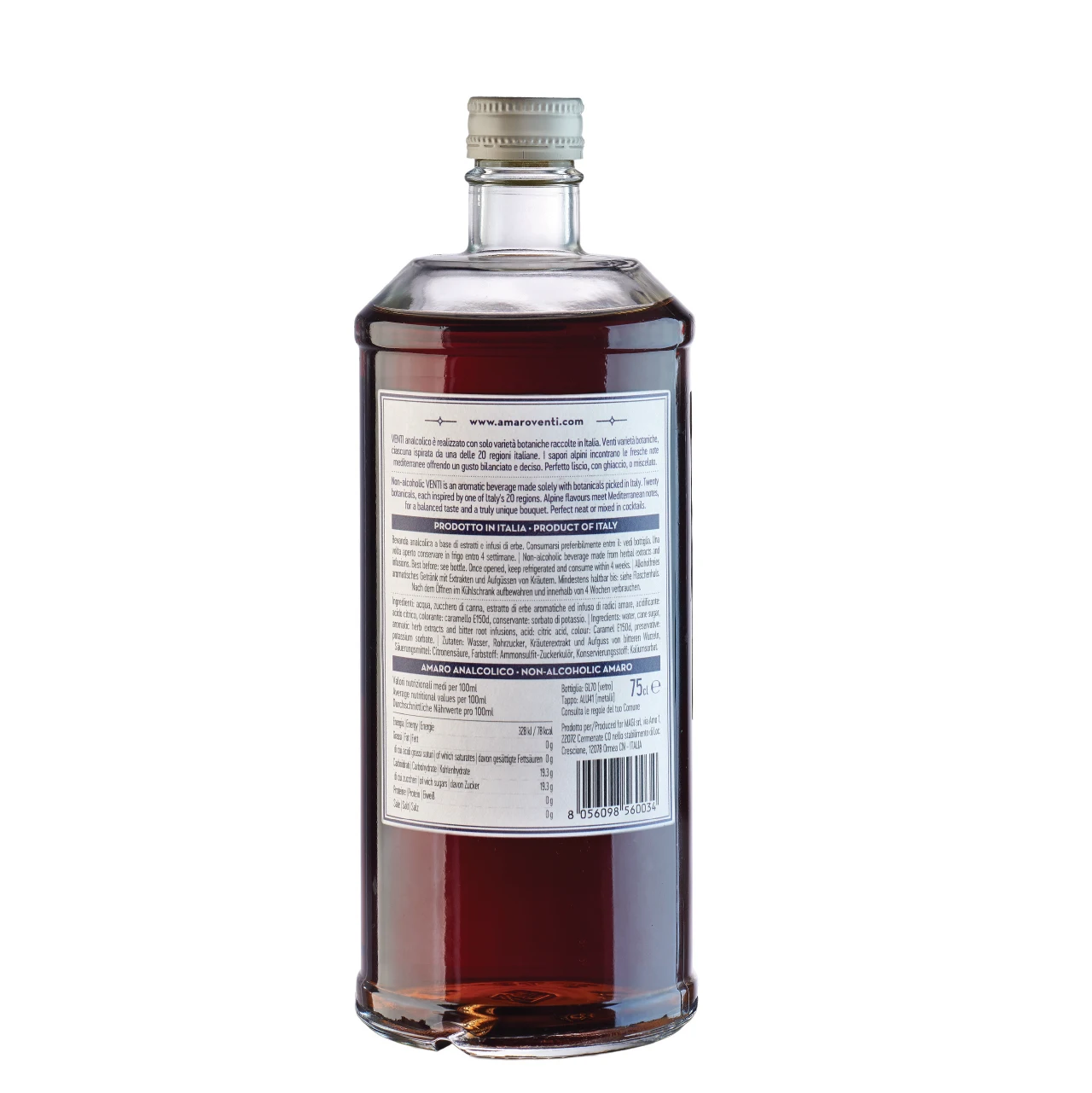 Top quality Made in Italy Non alcoholic Bitter Liqueur VENTI (75cl) for cocktail bars