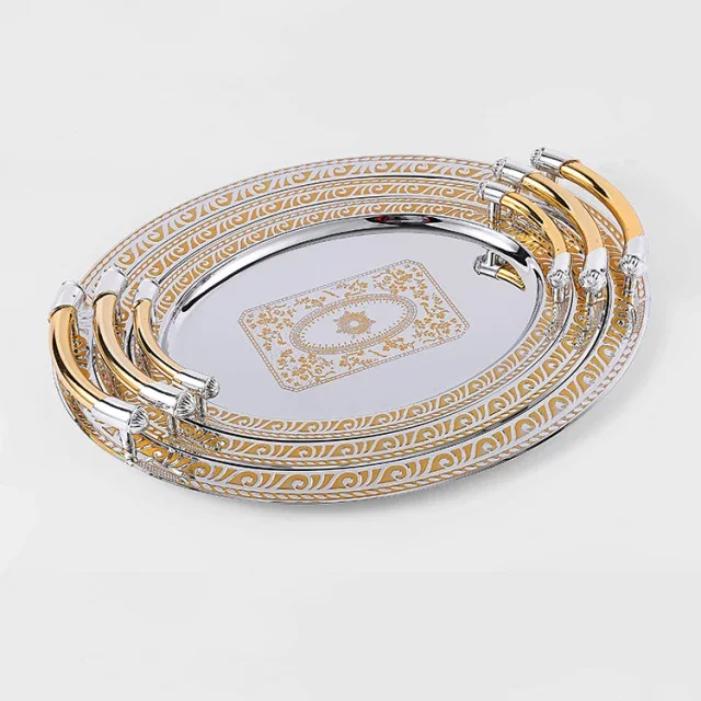 Fancy Set 2 And 3pcs Metal Stainless Steel Nordic Gold Tray Set Mirror Finished oval Serving Tray And Platter Use As Tea Coffee