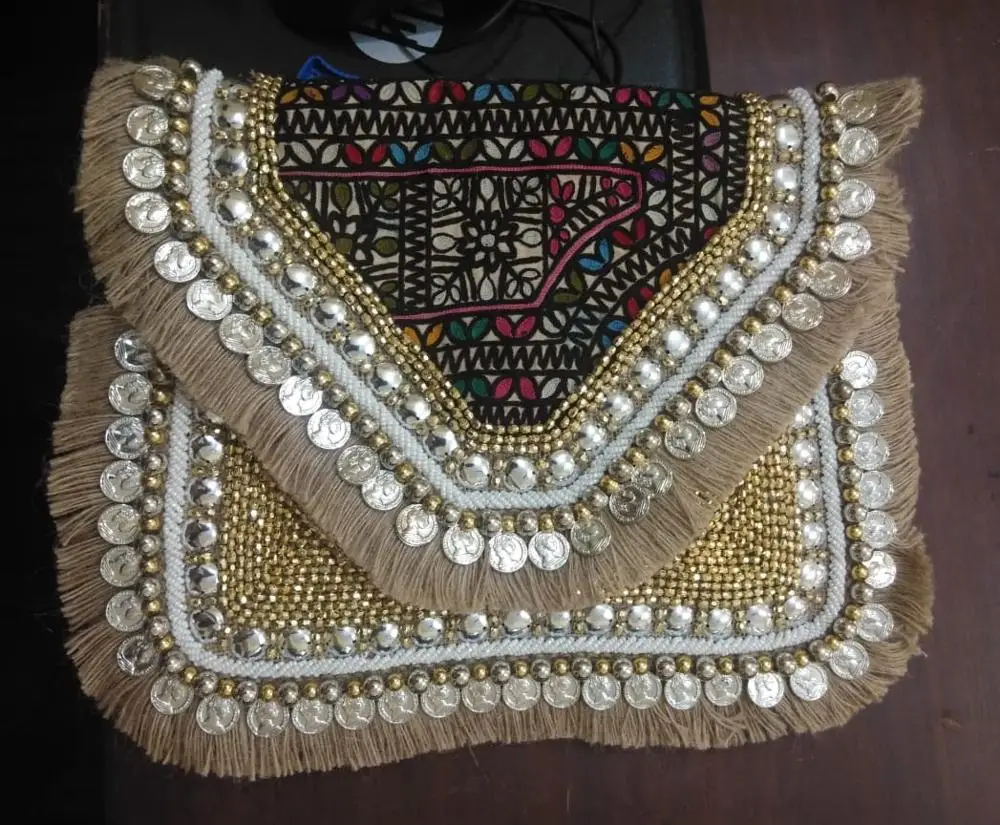 Bohemian Banjara Beaded Clutch Purses - Women Fashion Pom Pom Shells Beaded Bag - Fringe Clutches - Colorful Coins Beaded  Purse