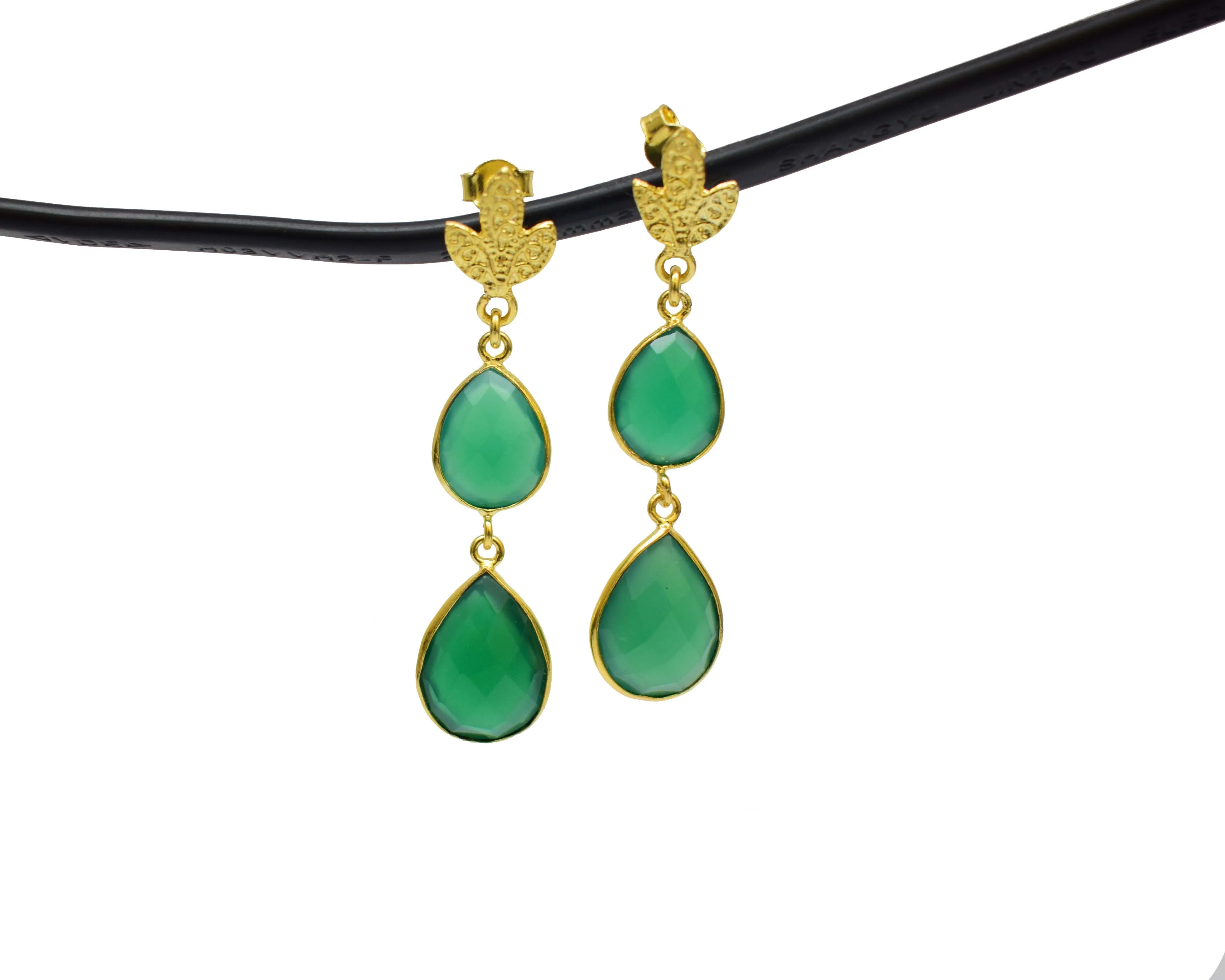 Green Onyx Gemstone Double Stone Earring Set Pear Shape Gold Plated Bezel Connector Stud Weddings Gifts Engagements Made Copper