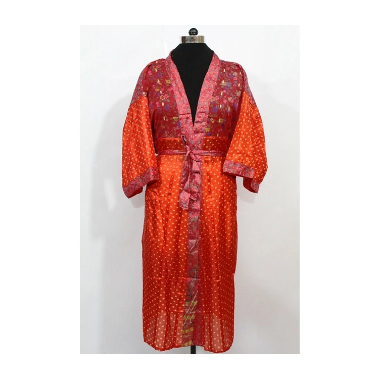 Top Quality Silk Sari Printed Kimono Robe with Double Pockets and Belt Design Long Cover Up Kimono Robe for Women and Girls