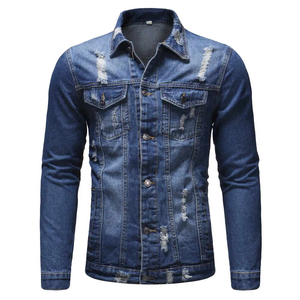 9008 Cowboy Jacket Jean Men Denim Coat Distressed Denim Jacket Ripped Wholesale