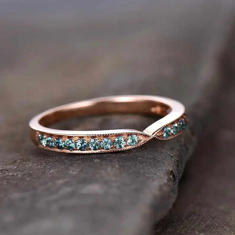 Alexandrite Ring Curve Wedding Band Chevron Sterling Silver Eternity Stacking V June Birthstone Rose Gold Plated