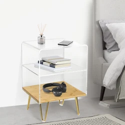 Clear Acrylic Side Table With Bamboo Partition Metal Foot