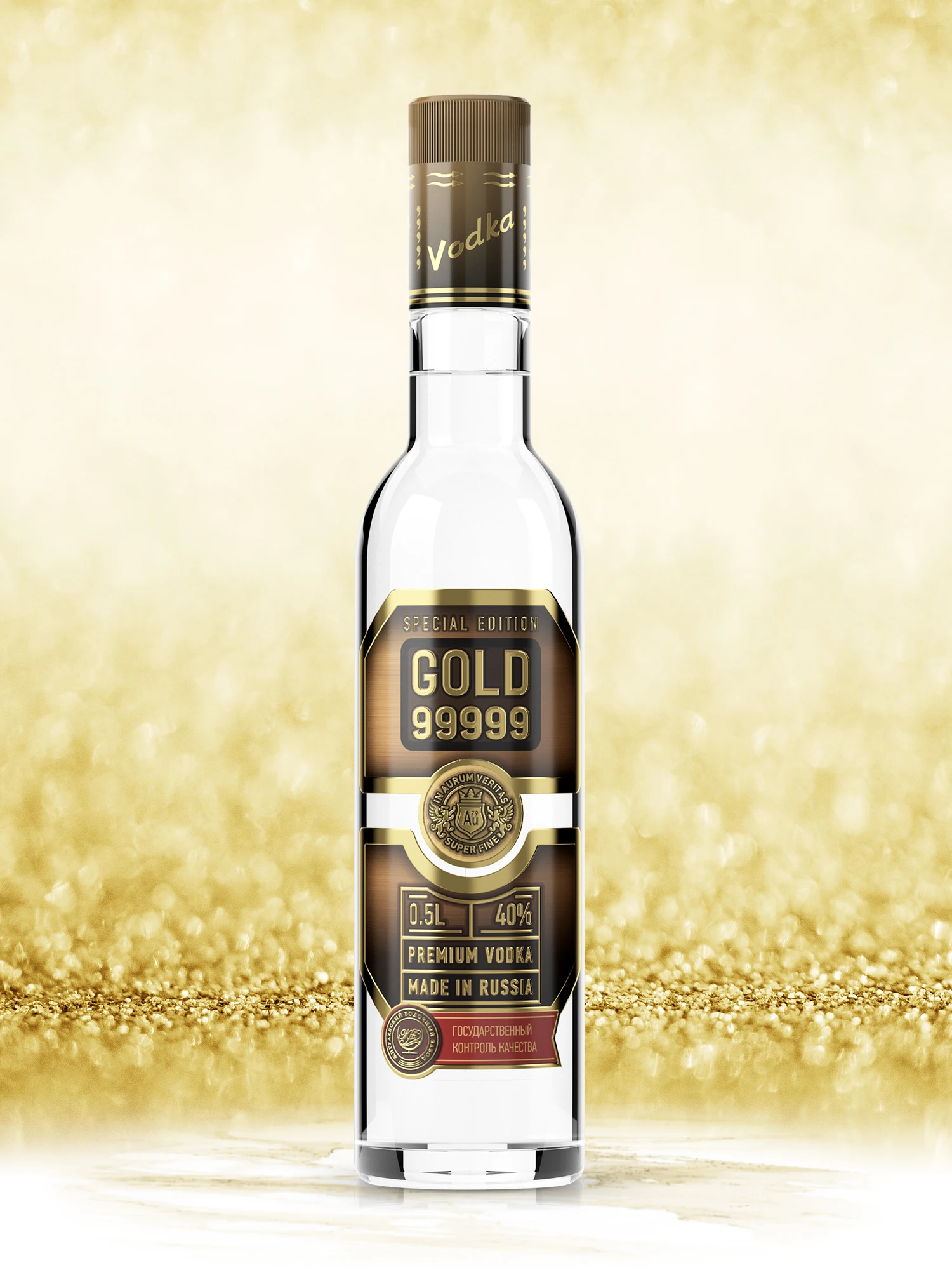 Стеклянная бутылка для спирта высокой чистоты класса «Люкс» (40% alc.) Водка с золотым корнем, 100 мл, 99999 золото