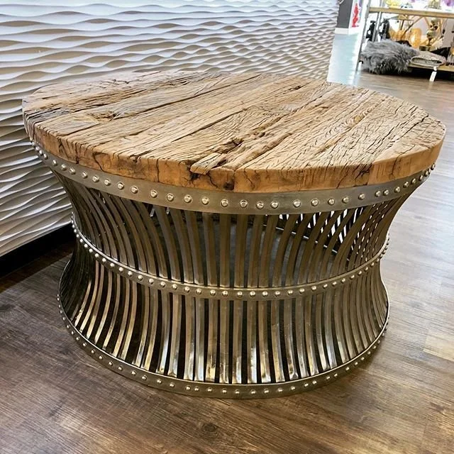 Round Antique Wood Coffee Table, Vintage Railway Sleeper wood Coffee table