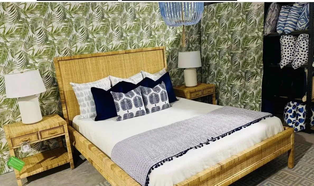 Mid Century Natural Antique Bedroom Furniture Hand Crafted Rectangular Rattan Wood Plywood HAYES Bed Side Table