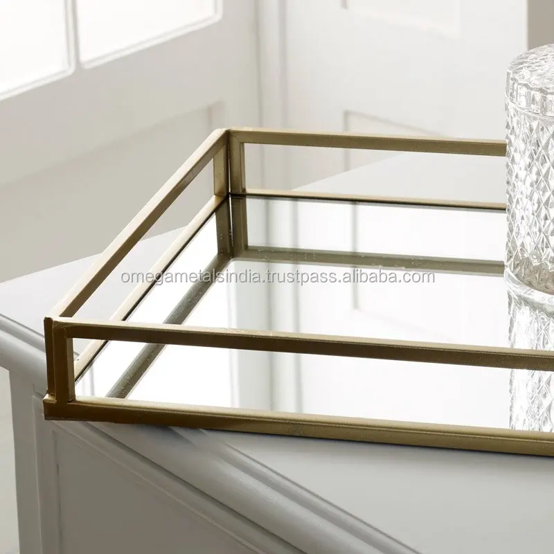 High Quality Rectangular Shaped Glass Body Tray With Golden Finished Metal Border For Luxury Tableware