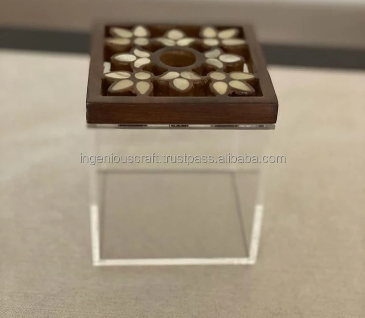 Ingenious Craft new arrival Acrylic Jar with Wooden Lid inlaid mother of pearl Multipurpose Storage Box Tea Bag Box