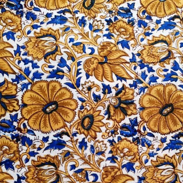 Pure Cotton Fabric Yellow Floral Indian Hand Block Printed Shrink Resistant Fabric for Home Textile at Wholesale Price