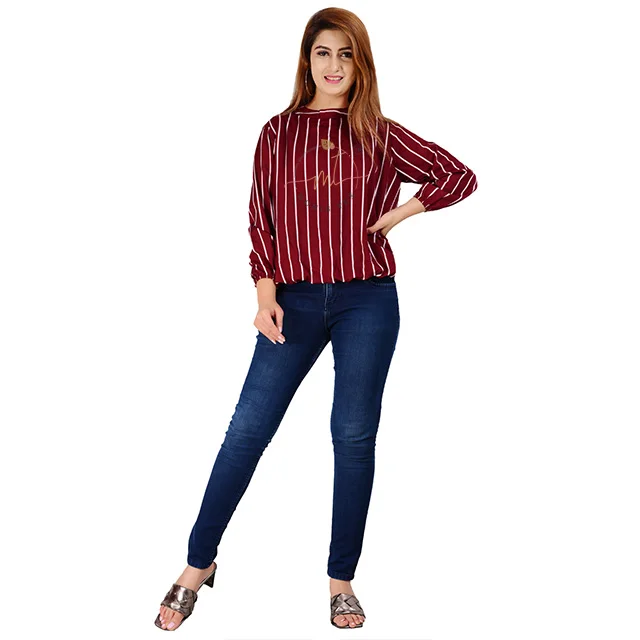 Elegant Women Casual Top Crew Neck Peasant Sleeves Summer Cool Poly Viscose Maroon Color With White Striped Design Azo Free OEM