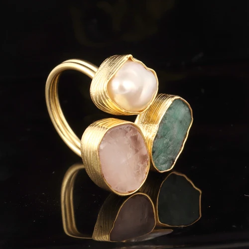 White Biwa Pearl Adjustable Ring Real Raw Rose Quartz Emerald Diamond Gold Plated Texture Finish Big Factory Birthstone Jewelry