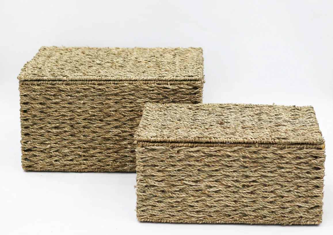 Woven straw wicker seagrass storage basket with lids as grocery basket box