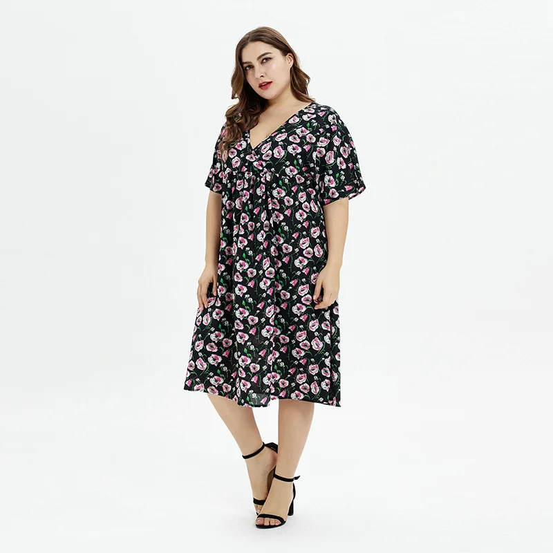 OEM ODM Black Color Deep V-Neck Plus Size Oversize Pink Flower Printed Clothing Big Women Casual Dress