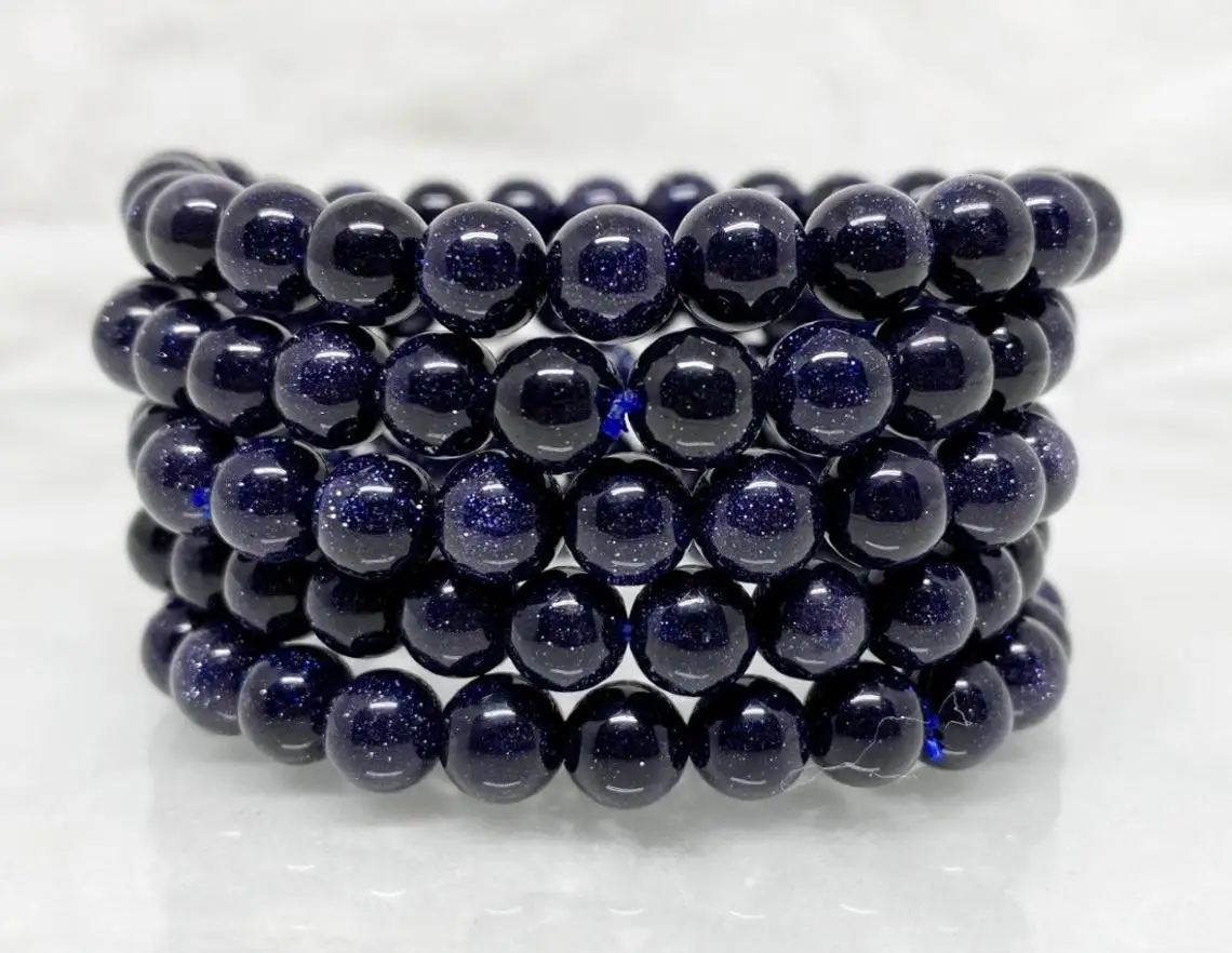 8mm Natural Blue Goldstone  Beaded Bracelet ,Blue Goldstone  Gemstone Bracelet 4mm To 8 mm ,3 Cord strong Rubber Bead Bracelet