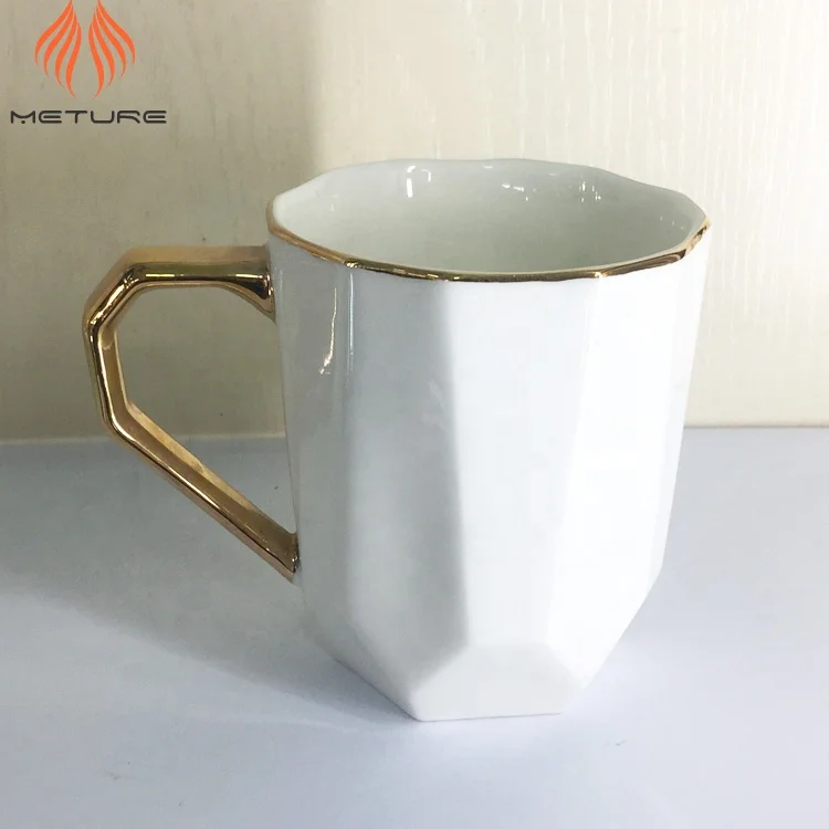 Custom printing gold logo WHITE ceramic mug coffee cup with LID,gold handle,gold top