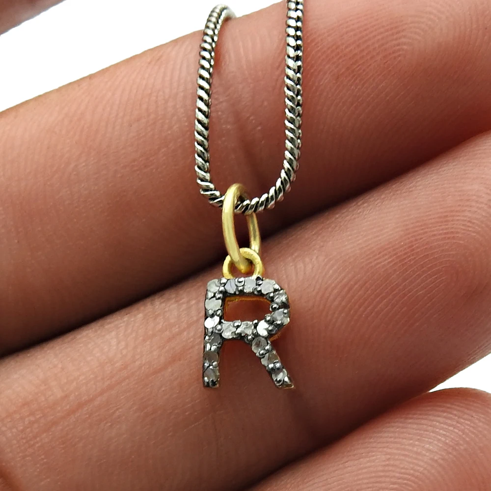 Pendant Alphabet R Diamond Initial Letter Pendant Necklace 925 Sterling Silver 18k Gold Plated Handmade Vintage For Woman