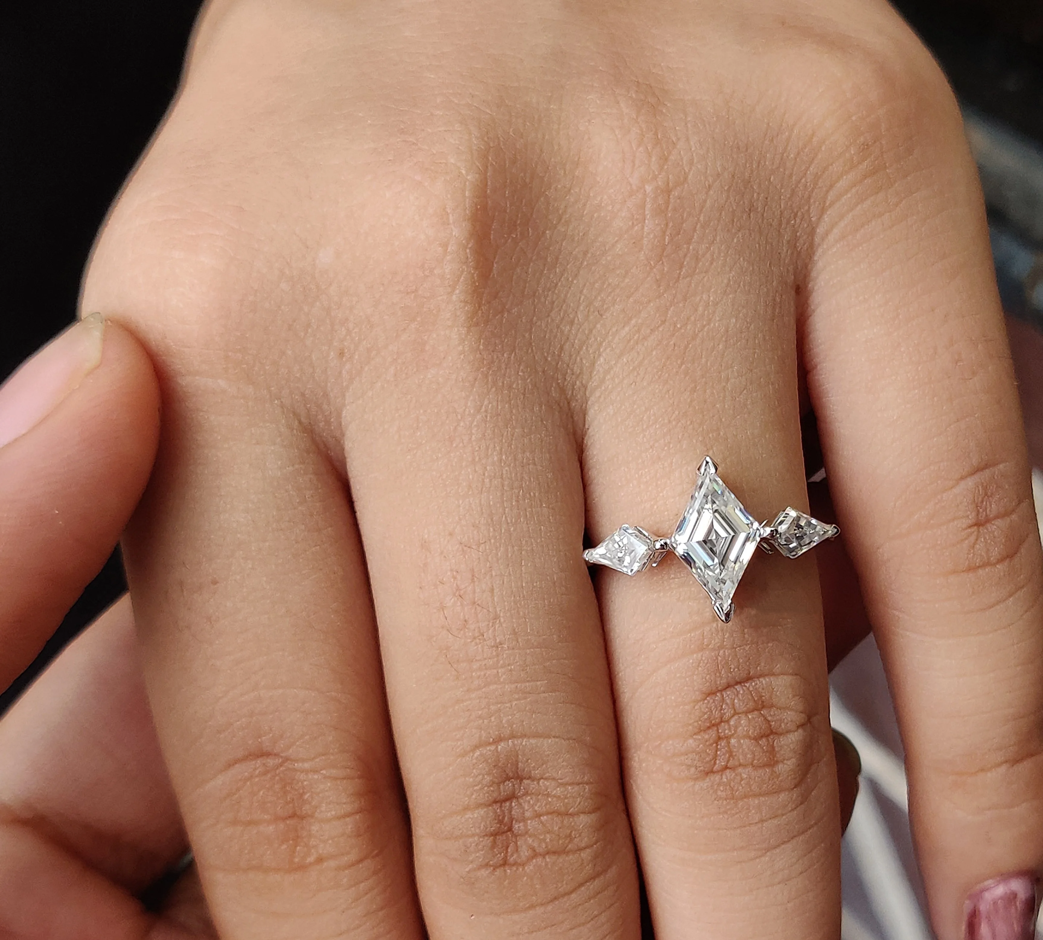 Cathedral Set Engagement Ring Gold Lab Grown Diamond Lozenge Cut Diamond Three Stone 14k Solid Halloween Cute Opp Bag Lovers