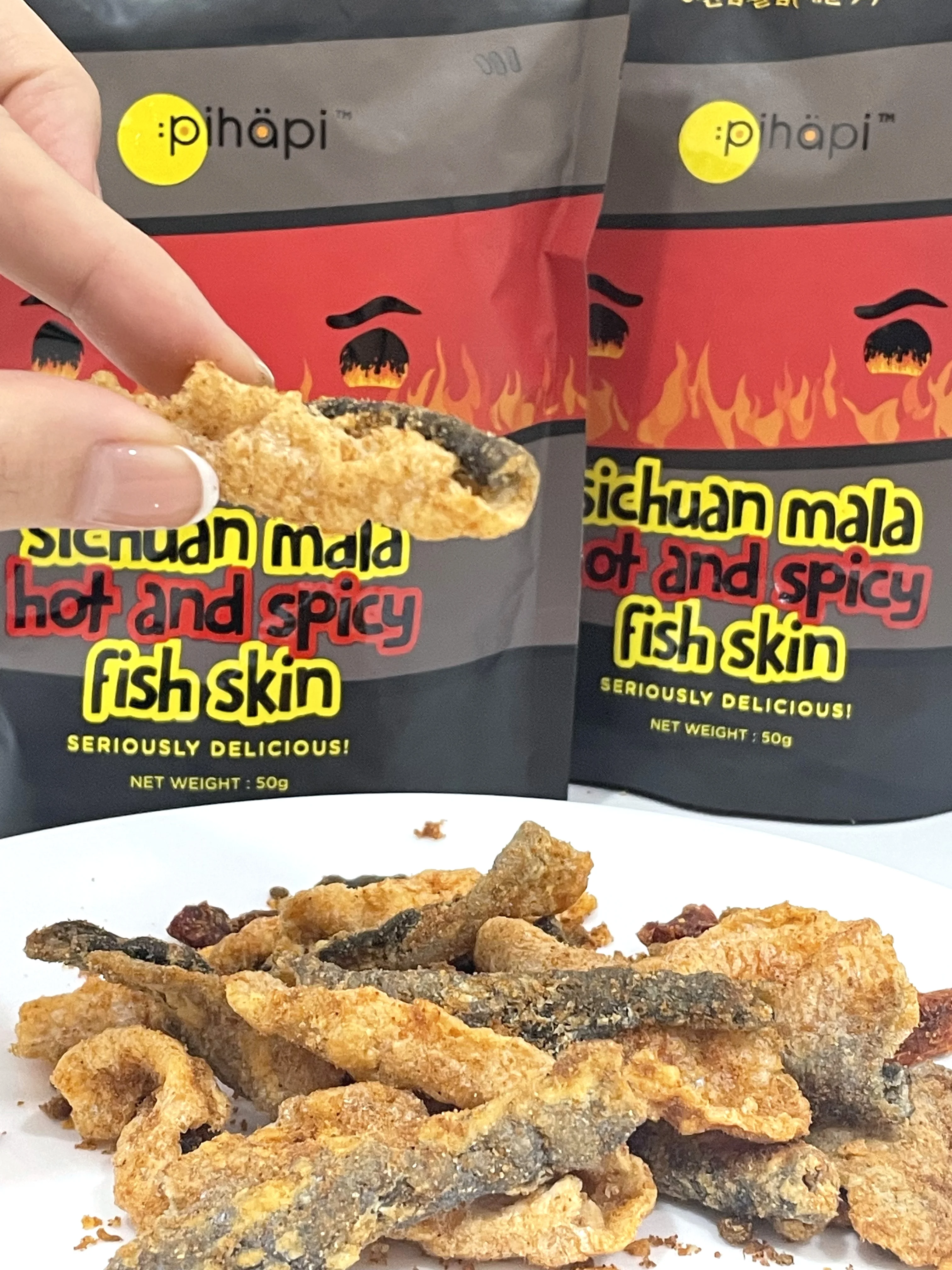 Хрустящие рыбные закуски Pihapi Sichuan Mala по лучшей цене, горячая и Пряная закуска из рыбной кожи