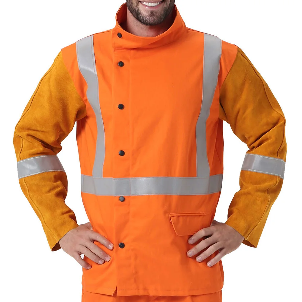 Heavy Duty Safety Protection Flame Resistant Natural Split Cowhide Leather Welding Jacket 2023