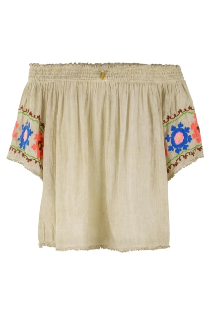 2019 Show Stopper Sexy Bohemian Off Shoulder Hippo Look Women Top Bright Suzani Embroidered Pom Pom Trim Beach Boho Chic Blouse