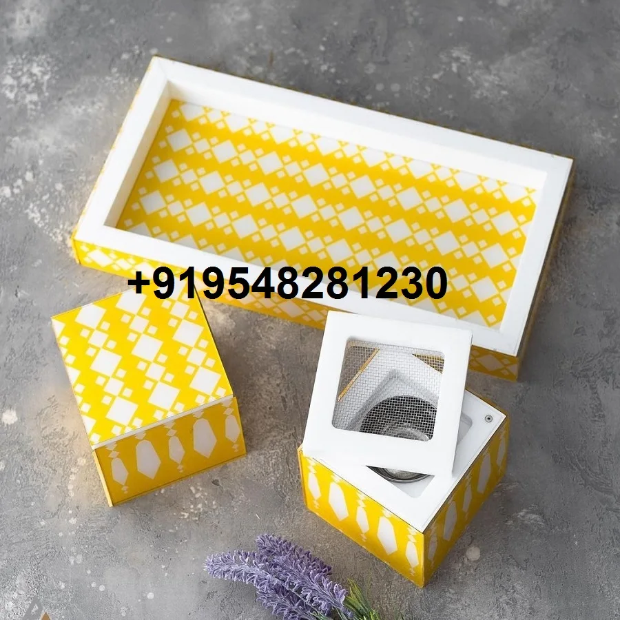 
 Набор курильников ручной работы с костяной инкрустацией, поднос с уникальным дизайном желтого цвета  