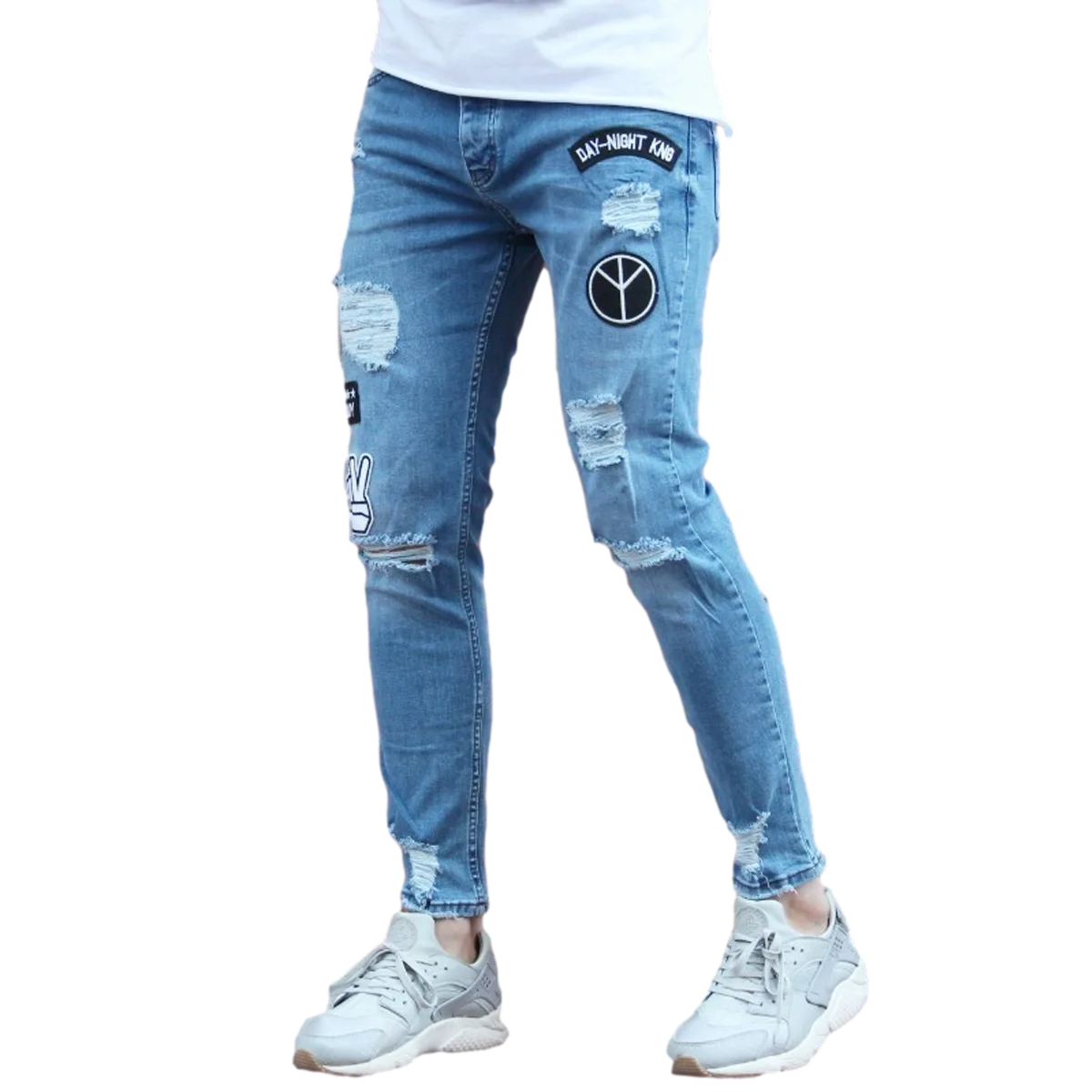 Casual 100% Cotton Men Jeans 2023 in Blue New with Knee Rips and Embroidery Straight Light Wash Mid Waist Lightweight Regular